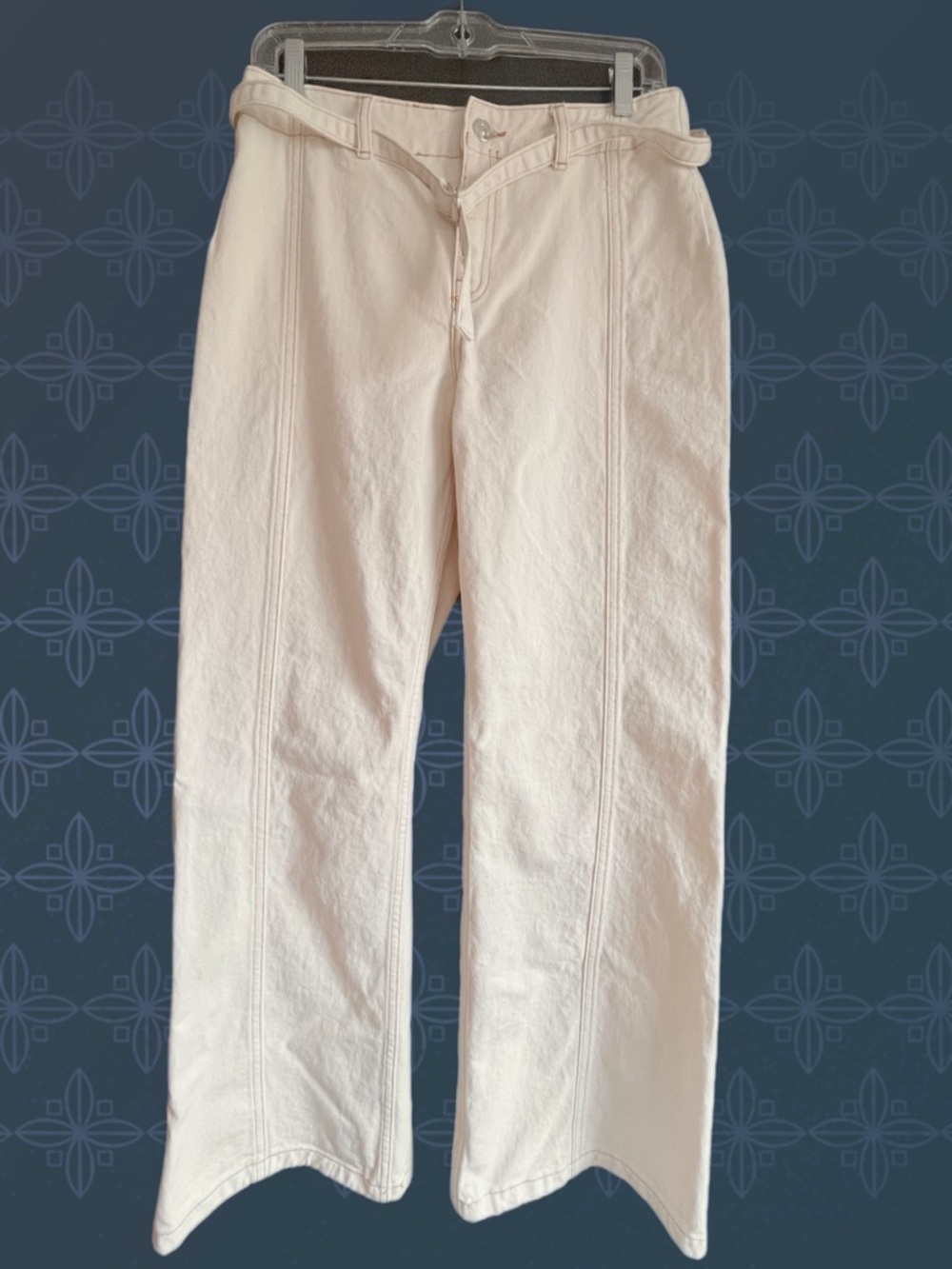 Zara High-Waist Cream 100% Cotton Wide Leg Contrast Stitch Jeans Size 6